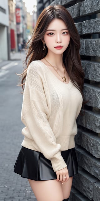 This image appears to be a photorealistic digital artwork, possibly by a contemporary Asian artist specializing in detailed human depictions. The composition features a young woman leaning against a textured stone wall. She is dressed in a cream-colored, V-neck sweater and a glossy black skirt with knee-high stockings, exuding a fashionable yet casual look. Her hair is brown and gently blowing in the wind, complementing her soft makeup and serene expression. She accessorizes with a chain necklace featuring a star-shaped pendant. The background shows an urban setting with a partly visible building, enhancing the modern city atmosphere. The lighting is natural, highlighting her features effectively.