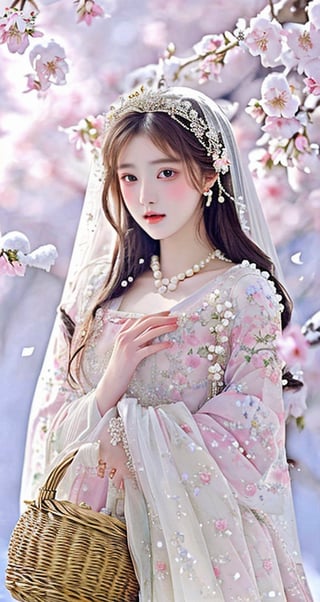 This artwork features a soft, ethereal style reminiscent of fantasy or romantic realism. It depicts a young woman wearing a delicate veil adorned with pearls, standing amidst blooming cherry blossoms. She holds a wicker basket filled with snow, contrasting her floral-embellished robe. The background is a serene blend of snowy branches and pastel petals, creating a harmonious and dreamy atmosphere. The composition centers on her serene expression, capturing a moment of tranquility and grace. Fine details in the embroidery and gentle color palette contribute to the enchanting and tender mood of the image.