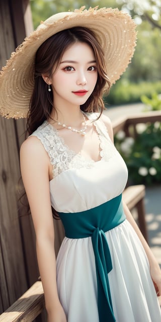 This image is a realistic photograph captured by a skillful photographer. It features a woman in a waist-up composition leaning against a wooden structure. She has long flowing hair and wears a large, worn straw hat, a sleeveless white dress with lace accents, and a pearl necklace. The background is a beautiful bokeh effect of green foliage, suggesting a sunlit outdoor setting. The bright lighting creates a lively and warm ambiance, highlighting her serene expression. Her attire, combined with the rustic wooden elements, invokes a summery, country-inspired theme.