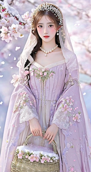 This artwork features a soft, ethereal style reminiscent of fantasy or romantic realism. It depicts a young woman wearing a delicate veil adorned with pearls, standing amidst blooming cherry blossoms. She holds a wicker basket filled with snow, contrasting her floral-embellished robe. The background is a serene blend of snowy branches and pastel petals, creating a harmonious and dreamy atmosphere. The composition centers on her serene expression, capturing a moment of tranquility and grace. Fine details in the embroidery and gentle color palette contribute to the enchanting and tender mood of the image.