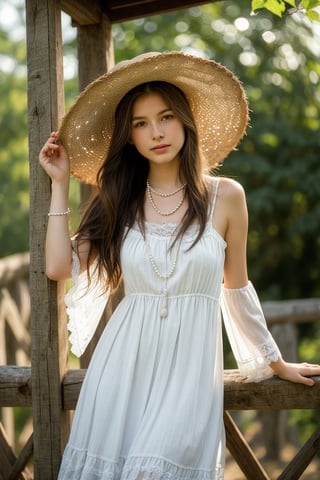 This image is a realistic photograph captured by a skillful photographer. It features a woman in a waist-up composition leaning against a wooden structure. She has long flowing hair and wears a large, worn straw hat, a sleeveless white dress with lace accents, and a pearl necklace. The background is a beautiful bokeh effect of green foliage, suggesting a sunlit outdoor setting. The bright lighting creates a lively and warm ambiance, highlighting her serene expression. Her attire, combined with the rustic wooden elements, invokes a summery, country-inspired theme.