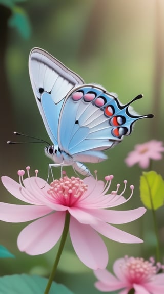 Butterfly, light blue wings, Pink flowers, natural scenery.
