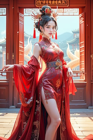 1 beautiful sexy chinese young girls, sensual, sexsuality, classic chinese Ching Dynasty dressing, looking at viewer, detailed background ,inside the king's palace of the forbiden city, dragon decoration, luxury furnitures and chinese palace decoration, dragon furniture, chinese palace dress, 16K, HD, Nice legs and hot body, side dim lights,More Detail