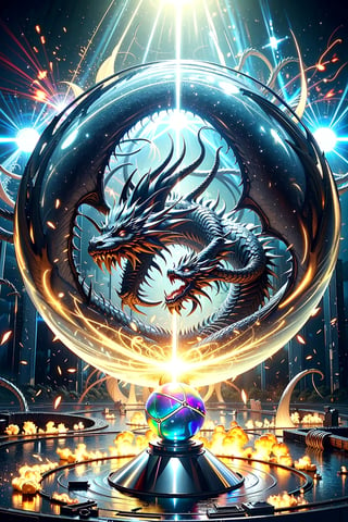 strong western dragon trapped in magic_circle, surrounded in a glass ball,crystal and silver entanglement