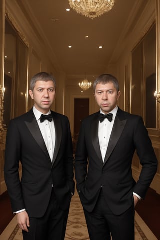 (masterpiece, profesional photo), men, identical twin brothers, Russo, Abramovich yong,  in fine clothes,  in night gala salon