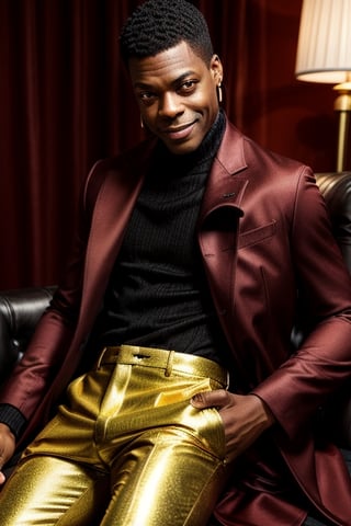 score_7_up,  Realistic full photo,
An elegant black man,18  years old,  Chris Tucker,  he has a delicate face, happy, smiling, skinny,  his favorite color is red, he always wears a delicate red coat,  earrings, makeup, lipstick,  accessories, shiny shoes, women's red light coat with gold details, the pants are dark and tight.
photorealistic