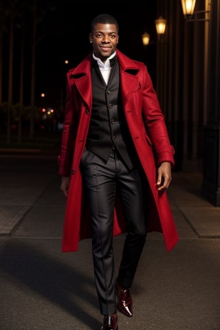 score_7_up,  Realistic full photo,
An elegant black man,18  years old,  Chris Tucker,  he has a delicate face, happy, smiling, skinny,  his favorite color is red, he always wears a delicate red coat,  earrings, makeup, lipstick,  accessories, shiny shoes, women's red light coat with gold details, the pants are dark and tight.
photorealistic