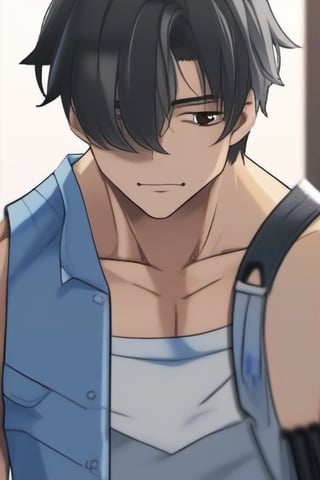 solo, short hair, shirt, black hair, 1boy, holding, closed eyes, upper body, male focus, sleeveless, indoors, sleeveless shirt, muscular, blue shirt, muscular male, bara, camera, holding camera