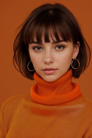 1girl, beautiful face, earrings, (portrait photoshot), wearing (orange turtleneck sweater:1.2) up to her chin, short dark hair, (simple plain background),pimple