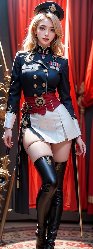 Against a rich, crimson backdrop, a stunning Korean university student stands majestically as the Guard of Honour. Her blonde hair is neatly tied back, and she wears thigh-high boots that accentuate her perfect long feet. The uniform shirt features a band design, while her skirt folds neatly under her mini folding skirt. In one hand, she holds an instrument, and in the other, a flag flows gently in the breeze. Under the soft glow of perfect light, her beauty shines radiantly. The guard's hat sits atop her head, and the sword at her side gleams with photorealistic precision, as if crafted by Octane render itself. Her photorealistic features are so lifelike that one might mistake her for a living, breathing idol.