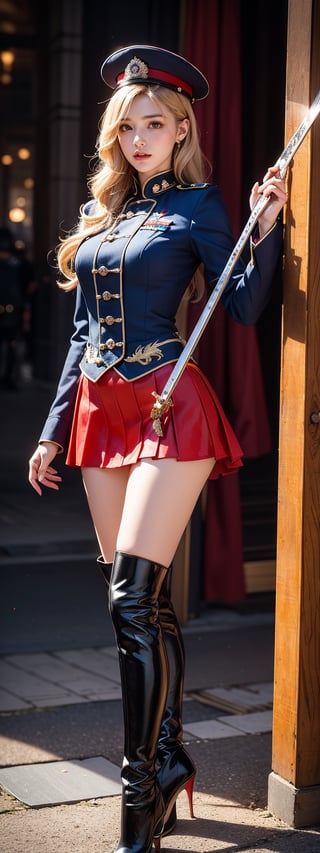 Against a rich, crimson backdrop, a stunning Korean university student stands majestically as the Guard of Honour. Her blonde hair is neatly tied back, and she wears thigh-high boots that accentuate her perfect long feet. The uniform shirt features a band design, while her skirt folds neatly under her mini folding skirt. In one hand, she holds an instrument, and in the other, a flag flows gently in the breeze. Under the soft glow of perfect light, her beauty shines radiantly. The guard's hat sits atop her head, and the sword at her side gleams with photorealistic precision, as if crafted by Octane render itself. Her photorealistic features are so lifelike that one might mistake her for a living, breathing idol.