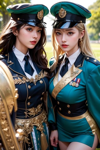 Midday sunlight casts a warm glow on the subject as she poses in a lush green meadow, a stunning Korean university student stands majestically as the Guard of Honour. Her blonde hair is neatly tied back, and she wears thigh-high boots that accentuate her perfect long feet. The uniform shirt features a band design, while her skirt folds neatly under her mini folding skirt. In one hand, she holds an instrument, and in the other, a flag flows gently in the breeze. Under the soft glow of perfect light, her beauty shines radiantly. The guard's hat sits atop her head, and the sword at her side gleams with photorealistic precision, as if crafted by Octane render itself. Her photorealistic features are so lifelike that one might mistake her for a living, breathing idol.