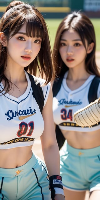 (Masterpiece, Top Quality, Best Quality, Official Art, Beauty and Aesthetics: 1.2), A stunning Korean idol girl poses confidently on a Japanese baseball field, surrounded by energetic cheerleaders and dancers. She wears a yellow outfit with a chest cutout top, showcasing her impressive assets as she gazes directly at the viewer with a bright smile and blushing cheeks. Her brown hair falls in bangs framing her face, while her brown eyes sparkle with a sense of accomplishment. A bracelet adorns her wrist, adding a touch of elegance to her sporty attire, complete with a baseball T-shirt and thigh-highs. The scene is bathed in warm sunlight, casting a photorealistic glow on her sweat-glistened skin and creating a masterpiece of beauty and aesthetics., (realistic:1.0), photorealistic, octane render,(hyperrealistic:0.7) ,Korean,idol,1 girl