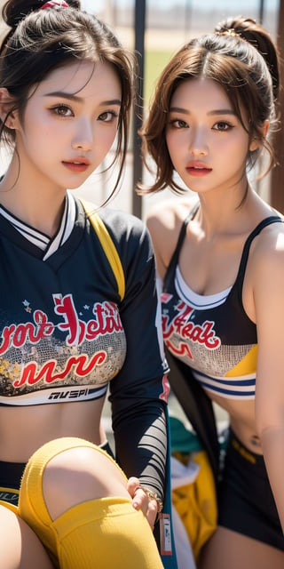 (Masterpiece, Top Quality, Best Quality, Official Art, Beauty and Aesthetics: 1.2), A stunning Korean idol girl poses confidently on a Japanese baseball field, surrounded by energetic cheerleaders and dancers. She wears a yellow outfit with a chest cutout top, showcasing her impressive assets as she gazes directly at the viewer with a bright smile and blushing cheeks. Her brown hair falls in bangs framing her face, while her brown eyes sparkle with a sense of accomplishment. A bracelet adorns her wrist, adding a touch of elegance to her sporty attire, complete with a baseball T-shirt and thigh-highs. The scene is bathed in warm sunlight, casting a photorealistic glow on her sweat-glistened skin and creating a masterpiece of beauty and aesthetics., (realistic:1.0), photorealistic, octane render,(hyperrealistic:0.7) ,Korean,idol,1 girl