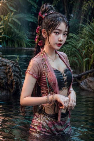 1girl, solo, long hair, black hair, jewelry,  bracelet,MyanmarTraditionalDress(rose pink),mmkytt,colorfull shirt,sheer_clothing,long_ponytail,realstic,photorealstic,4k,upper_body,SheeSheeMM,wet,a river or pond