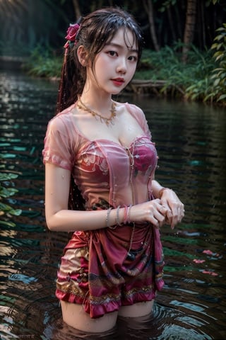 1girl, solo, long hair, black hair, jewelry,  bracelet,MyanmarTraditionalDress(rose pink),mmkytt,colorfull shirt,sheer_clothing,long_ponytail,realstic,photorealstic,4k,upper_body,SheeSheeMM,wet,a river or pond