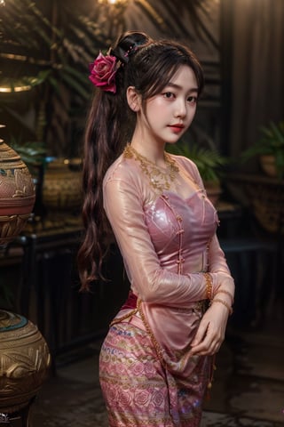 1girl, solo, long hair, black hair, jewelry,  bracelet,MyanmarTraditionalDress(rose pink),mmkytt,colorfull shirt,sheer_clothing,long_ponytail,realstic,photorealstic,4k,upper_body,SheeSheeMM