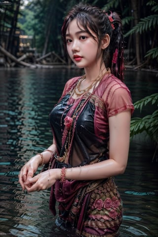 1girl, solo, long hair, black hair, jewelry,  bracelet,MyanmarTraditionalDress(rose pink),mmkytt,colorfull shirt,sheer_clothing,long_ponytail,realstic,photorealstic,4k,upper_body,SheeSheeMM,wet,a river or pond