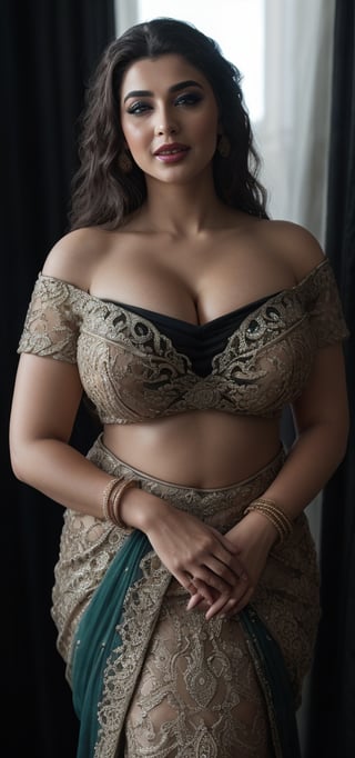 (masterpiece, best quality, ultra-detailed, 8K),high detail, realisitc detailed, a beautiful young mature arabic women curvy body with long flowy black hair over shoulders in the dark, wearing a full tight indian lacy net multi color saree fully see through dress in wedding palace tempting manner, blue eyes, pale soft skin, kind smile, glossy lips, a serene and contemplative mood, red lips,hd makeup,Indian,(blue eyes)(temptaation shy manner)