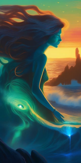 A mesmerizing but deadly siren perches on a rocky outcrop overlooking a bioluminescent ocean. Her voice, a haunting melody laced with static, echoes across the waves, luring unsuspecting creatures to a watery grave. Her long, flowing hair shimmers with an otherworldly luminescence, and her eyes gleam with a cold, reptilian intelligence.
,DonMM1y4XL,style of Edvard Munch