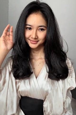 portrait Adinda Azani, black eyes, smile, lips, long hair, looking at viewer, upper body, mole, black hair, realistic, smiles, dumbfounded, kimono, arms up