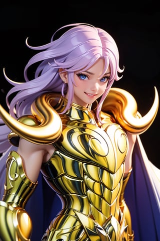 (Extremely detailed CG uniform 8k wallpaper, masterpiece, best quality, super detailed), male anime character wearing golden armor, 1boy, golden armor, male focus, handsome face, purple wavy shawl long hair, armor, solo, Aries Armor, Trending on Artstation, Fantasy00d, Saint