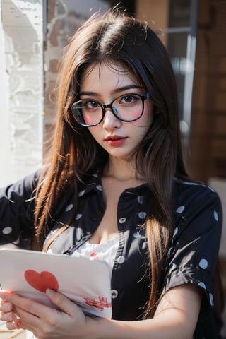 a close up of a young girl wearing glasses and a polka dot shirt, a character portrait by Silvia Pelissero, shutterstock, naive art, girl with glasses, young and cute girl, with square glasses, girl wearing round glasses, blonde hair and large eyes, wearing square glasses, portrait cute-fine-face, in square-rimmed glasses