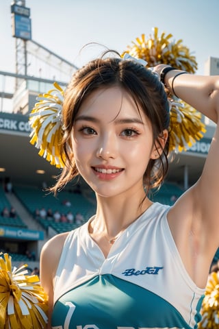 Maximalism, masterpiece, top quality, 8k, high resolution, super detailed, absurd, vivid contrast, insanely detailed,
BREAK
1girl, (Beautiful face, brightly colored shining eyes, clear skin, smile, shiny hair: 1.2),
BREAK
(cheerleader:1.4),
BREAK
baseball stadium,girl,watercolor