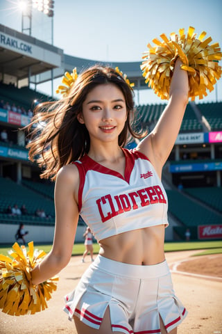 Maximalism, masterpiece, top quality, 8k, high resolution, super detailed, absurd, vivid contrast, insanely detailed,
BREAK
1girl, (Beautiful face, brightly colored shining eyes, clear skin, smile, shiny hair: 1.2),
BREAK
(cheerleader:1.4),
BREAK
baseball stadium,girl,watercolor