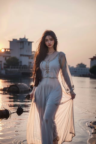 Choose a flowy Anarkali suit in soft pastel hues adorned with delicate embellishments for ethereal beauty,twirl your dupatta against the backdrop of a setting sun, embodying grace and serenity,looking into camera,cute smile,black hair,black eyes