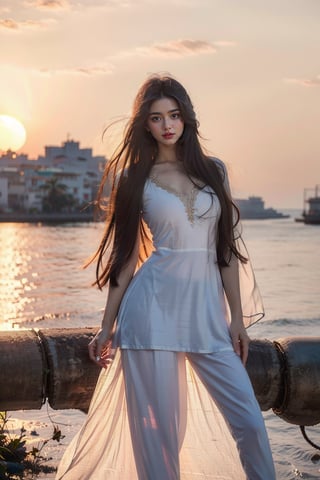 Choose a flowy Anarkali suit in soft pastel hues adorned with delicate embellishments for ethereal beauty,twirl your dupatta against the backdrop of a setting sun, embodying grace and serenity,looking into camera,cute smile,black hair,black eyes