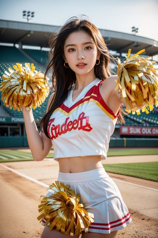 Maximalism, masterpiece, top quality, 8k, high resolution, super detailed, absurd, vivid contrast, insanely detailed,
BREAK
1girl, (Beautiful face, brightly colored shining eyes, clear skin, smile, shiny hair: 1.2),
BREAK
(cheerleader:1.4),
BREAK
baseball stadium,girl,watercolor