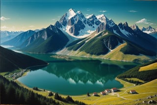 A painting of a mountain landscape, with a lake in the foreground, rendered in a realistic style