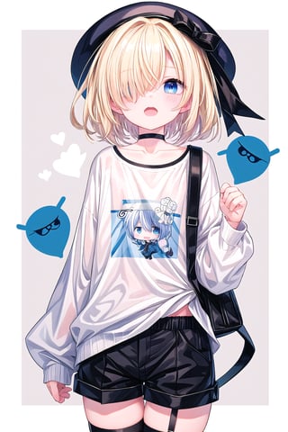 1boy, blue_eyes, hat, shorts, choker, blonde_hair, otoko_no_ko, short_hair, hair_over_one_eye, legwear_garter, looking_at_viewer, long_sleeves, solo, shirt, black_shorts, eyes_visible_through_hair, ribbon, chibi