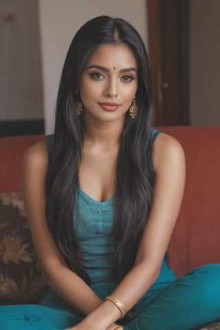 beautiful cute young attractive indian teenage girl, village girl, 18 years old, cute,  Instagram model, long black_hair, colorful hair, warm, dacing, in home sit at  sofa, indian