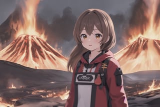 (masterpiece), best quality, HDR, 16k, Ultra realistic, highres, highly detailed, ultra_hd, high resolution, ultra_detailed, hyper realistic, extemely detailed background, detailed_background, complex_background, depth_of_field, extremely detailed and complex, volcanologist (lora:amberr1-000008:1) surrounded by lava,