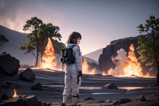 Volcanologist Lora stands at the edge of a majestic, steam-spewing volcanic crater, surrounded by lush green grass and towering trees that stretch towards the sky. The air is thick with wispy smoke and fiery embers as the volcano erupts in the distance. Her Hazmat suit glistens with dew as she gazes up at the inferno, her expression a mix of awe and trepidation. The camera captures the intricate details of her equipment and the rugged terrain in Ultra 4K HDR, showcasing the complexity of the volcanic landscape.