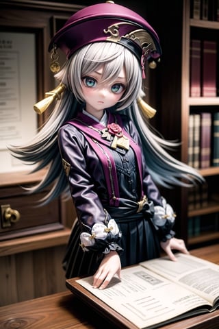 A solemn-faced yanfeidef stands tall in a dimly lit courtroom, her eyes piercing through the shadows as she holds aloft a gavel. Her dark suit and stern expression command respect, as if ready to dispense wisdom and justice. The wooden desk behind her is cluttered with files and papers, while the walls are adorned with ancient legal texts. photorealistic,