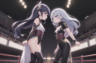 Raidenshogundef and Shenhedef stand nose-to-nose, faces lit by the warm glow of spotlights, their determined expressions illuminated as they face off in a dimly lit arena. The air is electric with tension as intense music pulses through the background. Fists clenched, eyes locked in a fierce stare-down, the two wrestlers pose in powerful stances, their bodies coiled like springs ready to unleash a storm of punches and kicks.