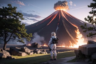 Volcanologist Lora stands at the edge of a majestic, steam-spewing volcanic crater, surrounded by lush green grass and towering trees that stretch towards the sky. The air is thick with wispy smoke and fiery embers as the volcano erupts in the distance. Her Hazmat suit glistens with dew as she gazes up at the inferno, her expression a mix of awe and trepidation. The camera captures the intricate details of her equipment and the rugged terrain in Ultra 4K HDR, showcasing the complexity of the volcanic landscape.