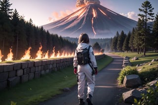 Volcanologist Lora stands at the edge of a majestic, steam-spewing volcanic crater, surrounded by lush green grass and towering trees that stretch towards the sky. The air is thick with wispy smoke and fiery embers as the volcano erupts in the distance. Her Hazmat suit glistens with dew as she gazes up at the inferno, her expression a mix of awe and trepidation. The camera captures the intricate details of her equipment and the rugged terrain in Ultra 4K HDR, showcasing the complexity of the volcanic landscape.