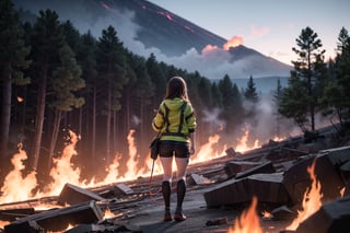 A volcanologist in a moment of awe stands at the edge of an erupting volcano. In stunning HDR 32K UHD detail, her figure is silhouetted against a backdrop of swirling green smoke and flames. The lush forest, ablaze with fiery orange and yellow hues, stretches into the distance. Her gaze is fixed on the inferno as she surveys the devastation. The camera's depth of field blurs the chaos behind her, while the intensely detailed foliage in front creates a sense of intimacy.