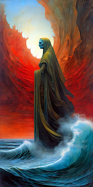 "In the style of Zdzisław Beksiński.", A cubist scene set in a dramatic, ghostly ocean. A tall, elegant female in flowing ancient robes stands alongside a tall, strong warrior. The ocean waves are depicted with loose, fluid, and visible brushstrokes in rich earthy tones of reds, browns, ochres, blues, yellows, and greens. The atmosphere is filled with a sense of horror and technology.