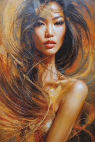 In a swirling vortex of vibrant colors, a beautiful asian girl stands, her slender physique rendered in heavy textured brushstrokes. The canvas crackles with energy as textured strokes dance across her porcelain skin. Her features, sharp and defined, pierce through the abstract chaos. A tangle of expressive lines and geometric shapes envelops her, a whirlpool of emotions distilled into a single, captivating figure.