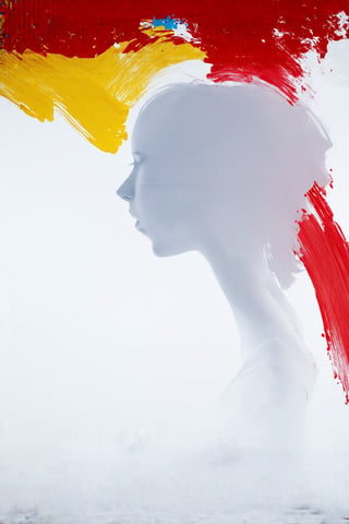 "Extreme close-up, surreal fantasy, chiaroscuro lighting, no frame, depict a mystical, ethereal silhouette of a woman with delicate features and a soft, flowing design that merges with the surrounding abstract paint strokes. The background should feature vibrant, abstract strokes of yellow, red, and blue, creating a bold and dynamic composition. The figure should be in a clean, minimalistic setting with a white background, emphasizing the contrast between the silhouette and the colorful paint strokes. The overall mood should be artistic and modern, with a strong focus on the interplay of colors and shapes. Artistic style is highly detailed, with visible brush strokes and a sense of movement. Proportions are slightly exaggerated to enhance the surreal quality, with a perspective that draws the viewer into the scene, focusing on the delicate interplay of light and shadow. Reflections and shadows are subtly incorporated to add depth and realism without detracting from the overall fantastical atmosphere. HDR, 8K resolution. The lighting is uniformly subdued and diffused, with rim lighting to highlight the edges of the subject, enhancing the abstract elements and creating a soft, ethereal glow from the vibrant paint strokes."