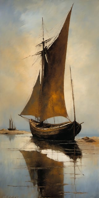 "Create an imaginative and hyperrealistic oil painting emphasizing the style of Remedios Varo and Ian McQue.", "The overall effect is a blend of impressionism and abstraction, creating a rich, immersive setting that complements the sharp focus on the massive sailboat in the foreground. This sailboat, weathered by time and the elements, stands as a testament to endurance and exploration. The scene should feature an impressionist sharp focus on the sailboat, highlighting its tattered sails and worn hull. In contrast, the background should transition into an abstract, painterly environment. The atmosphere should be hazy and diffuse, contributing to an ethereal and somewhat dystopian feel. Indistinct forms and shapes in the background should suggest several other ships and a few shadowy figures, rendered in a loose, impressionistic style to emphasize mood and atmosphere over detailed realism. The colors in the background should include shades of rich, vibrant hues with dramatic contrasts, featuring deep, earthy tones and vivid highlights, blending seamlessly with cooler hues like blues and greys. Use this blend of subdued and bold colors to emphasize the gritty nature of the scene. The overall scene should evoke a sense of quiet solitude and mystery, capturing the ethereal beauty and timeless quality of the weathered sailboat amidst an abstract, impressionistic landscape."