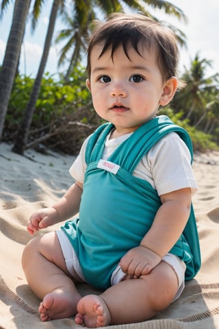 a baby boy age 6 months, seating on a beach side with coconut trees, baby wearing a beach wear sea green colour shirt, , warm diffused light . doing a perfect photoshoot. cinematic colour tone.