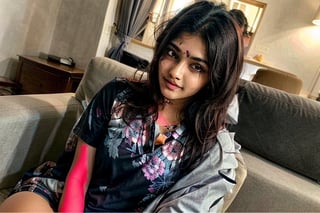 beautiful cute young attractive indian teenage girl, village girl, 18 years old, cute,  Instagram model, long black_hair, colorful hair, warm, dacing, in home sit at  sofa, indian,INDIAN 