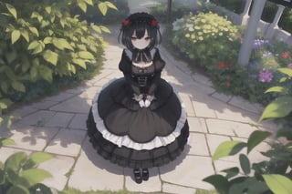 1girl,solo,blunt_bangs,short_hair,large_breasts,black_hair,red_eyes,gothic_lolita,black_lolita,having_a_parasol,black_lace_parasol,standing,botanical_garden,full_body,from_above,