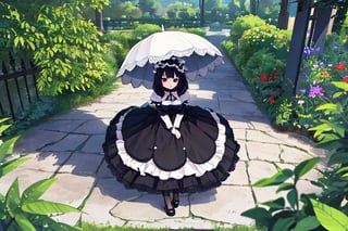 1girl,solo,blunt_bangs,short_hair,large_breasts,black_hair,red_eyes,gothic_lolita,black_lolita,having_a_parasol,black_lace_parasol,standing,botanical_garden,full_body,from_above,